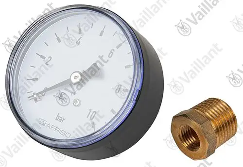 Vaillant Manometer mit einem Ziffernblatt, das den Druck in bar anzeigt, und einem Messanschluss in Kupfer.